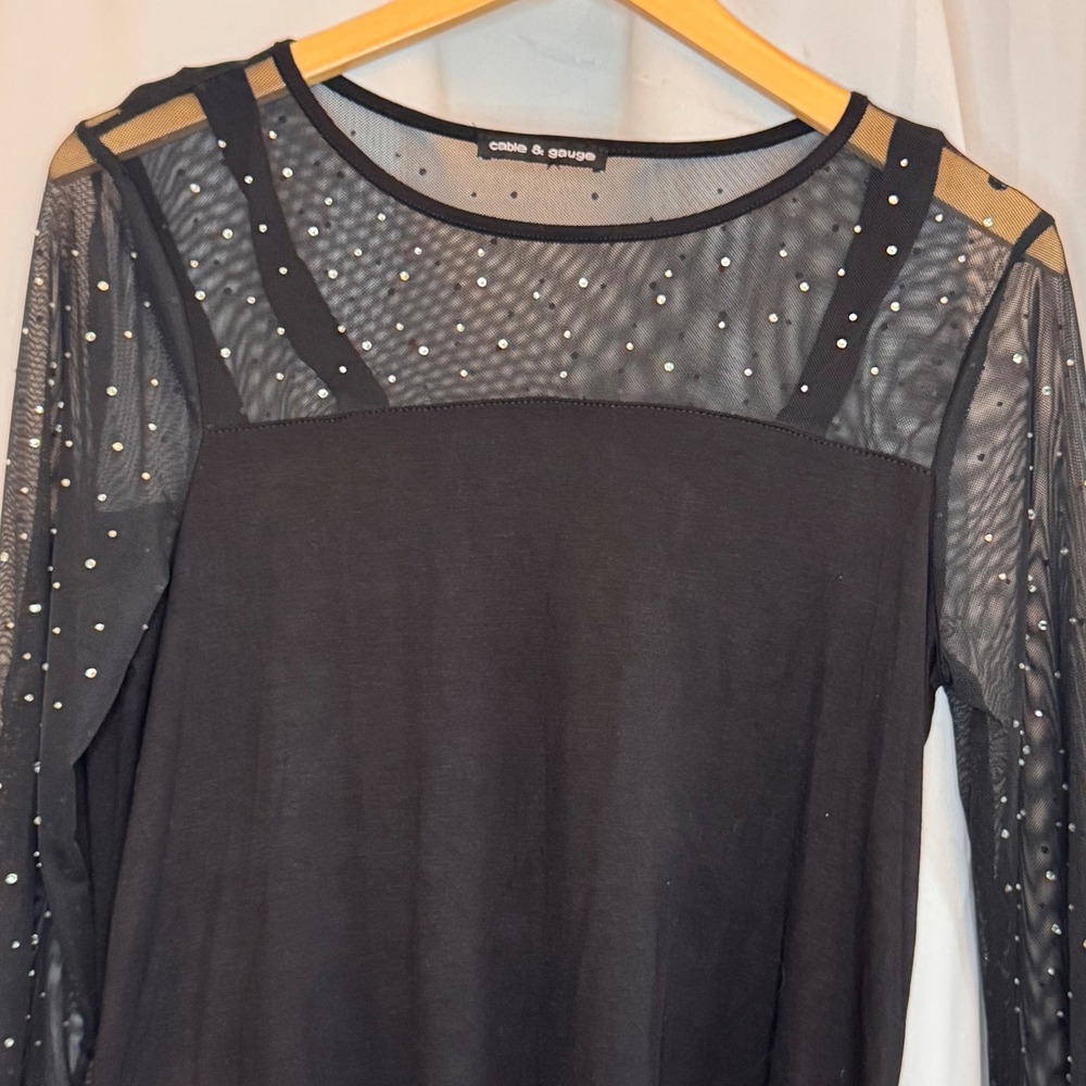 Cable & Gauge Rhinestone Embellished Black Mesh‎ Top Blouse Party Elegant